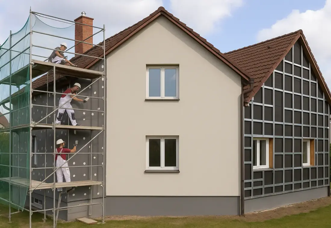 Exteriér rodinného domu se třemi pásmy: instalace kontaktního zateplovacího systému na lešení, hotová šedá omítka a část s roštem pro provětrávanou fasádu připravenou na obklad.