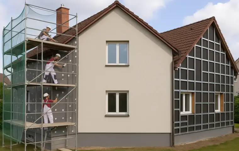 Exteriér rodinného domu se třemi pásmy: instalace kontaktního zateplovacího systému na lešení, hotová šedá omítka a část s roštem pro provětrávanou fasádu připravenou na obklad.