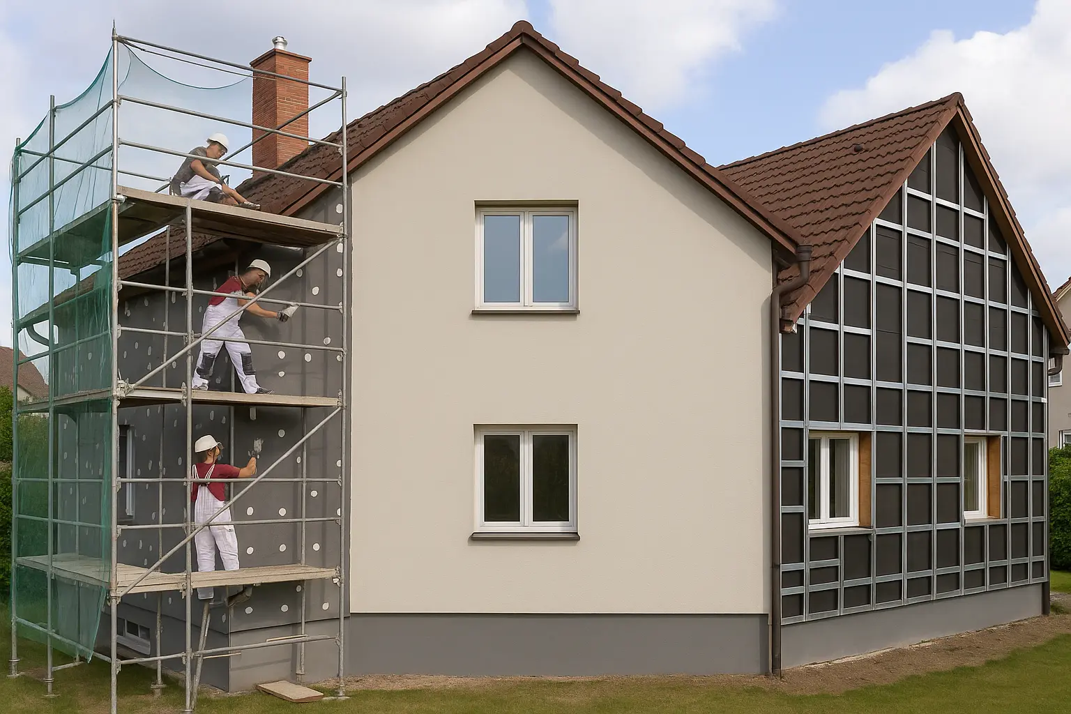 Exteriér rodinného domu se třemi pásmy: instalace kontaktního zateplovacího systému na lešení, hotová šedá omítka a část s roštem pro provětrávanou fasádu připravenou na obklad.